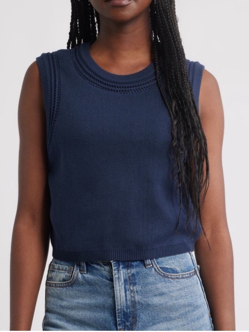 Cleobella Jade Open Stitch Cropped Sweater Tank, Navy, size XL, NWOT Display